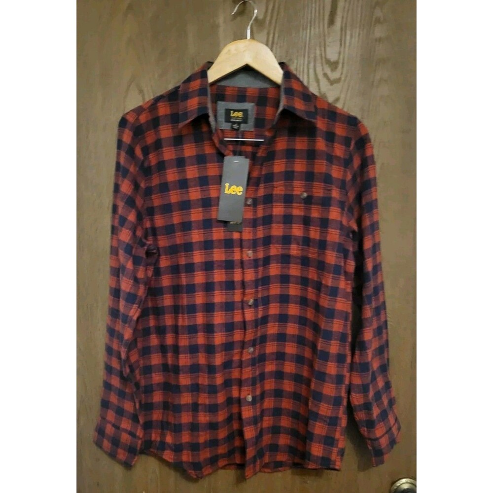 Lee Men's Flannel Shirt Red Blue Plaid Button Up Outdoor Work Size Small